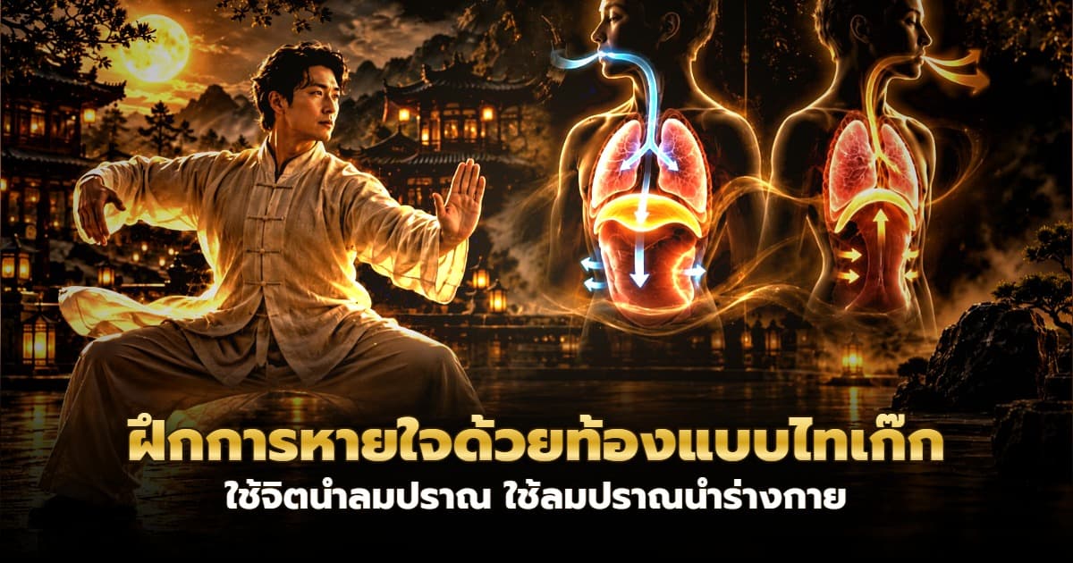 ผู้ฝึกไทเก๊กหายใจด้วยท้องขณะรำท่าเปิดมือ